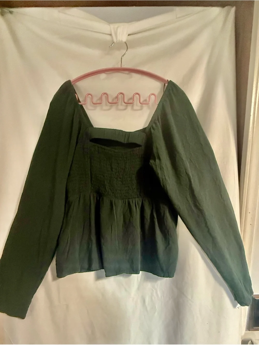 Old Navy Dark Green Smocked Bodice Long Sleeve Peplum Top